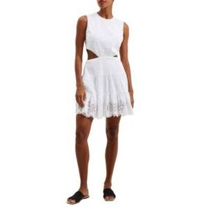French Connection Esse Cotton Mini Dress White Eyelet Cutout Tiered Womens 6